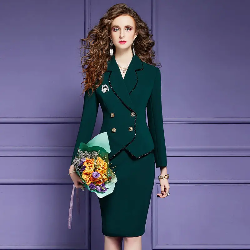 Business Suit Women Spring Autumn Office Lady Graceful Work Blazers Wrap Hip Skirts Two Piece Set Elegant Brooch Jacket Oufits