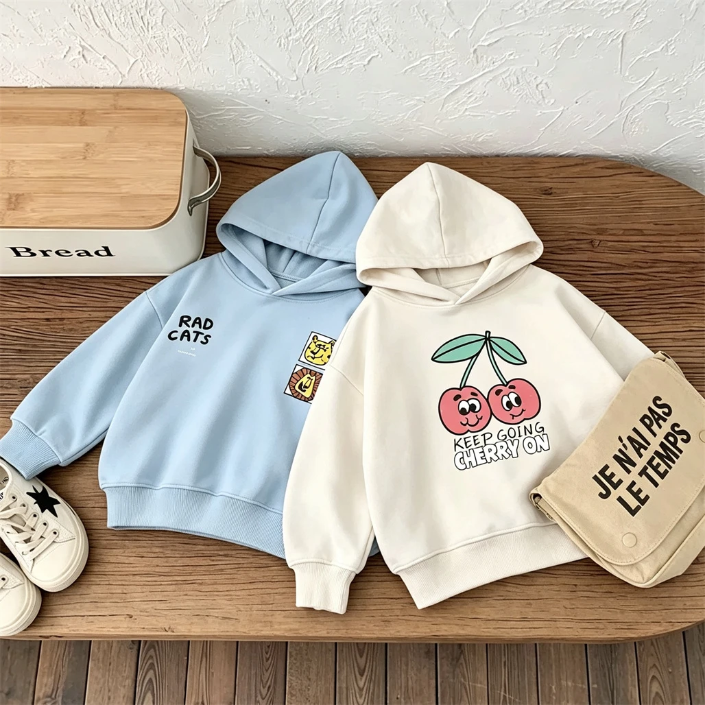 1-7Age Kids Cartoon Sweatshirts Toddler Fashion Casual Clothing Long-sleeved Pullovers Apple Cherry Printed Hooded Tops For Boys