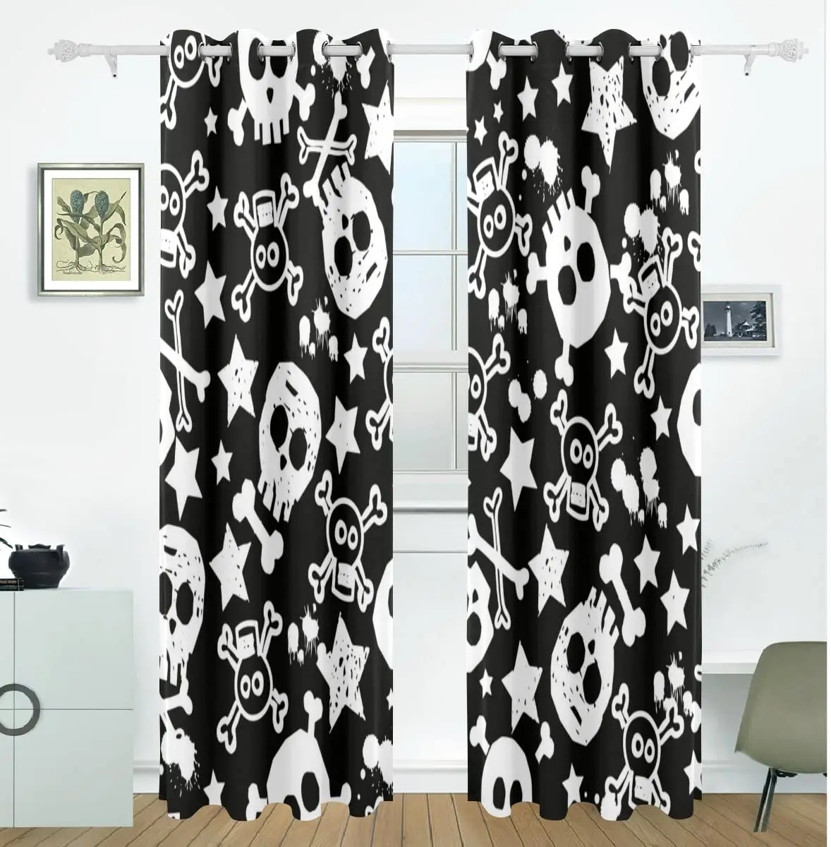 Black and White Skull and Stars Pattern Blackout Curtains Print Window Curtains for Bedroom Living Room Decor Window Treatments