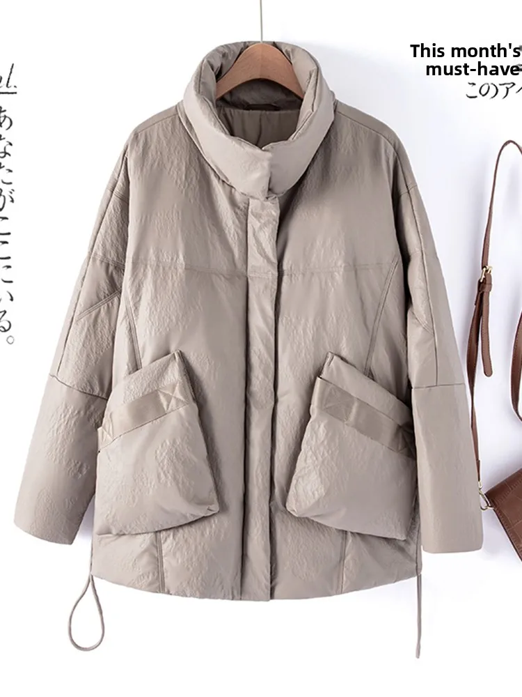   เสื้อโค้ทหนังแท้ Ning สำหรับผู้หญิง ฤดูหนาว หนังแกะ ความยาวปานกลาง สีขาว ขนเป็ด ไซส์ใหญ่ ทรงหลวม