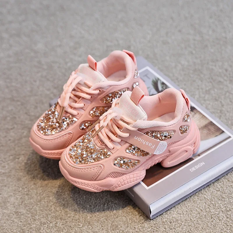 2022 Spring Fashion Women Sneakers Kids Toddler Girl Shoes Rhinestones Glittering Childen Outdoor Leisure Sports White Shoes Red