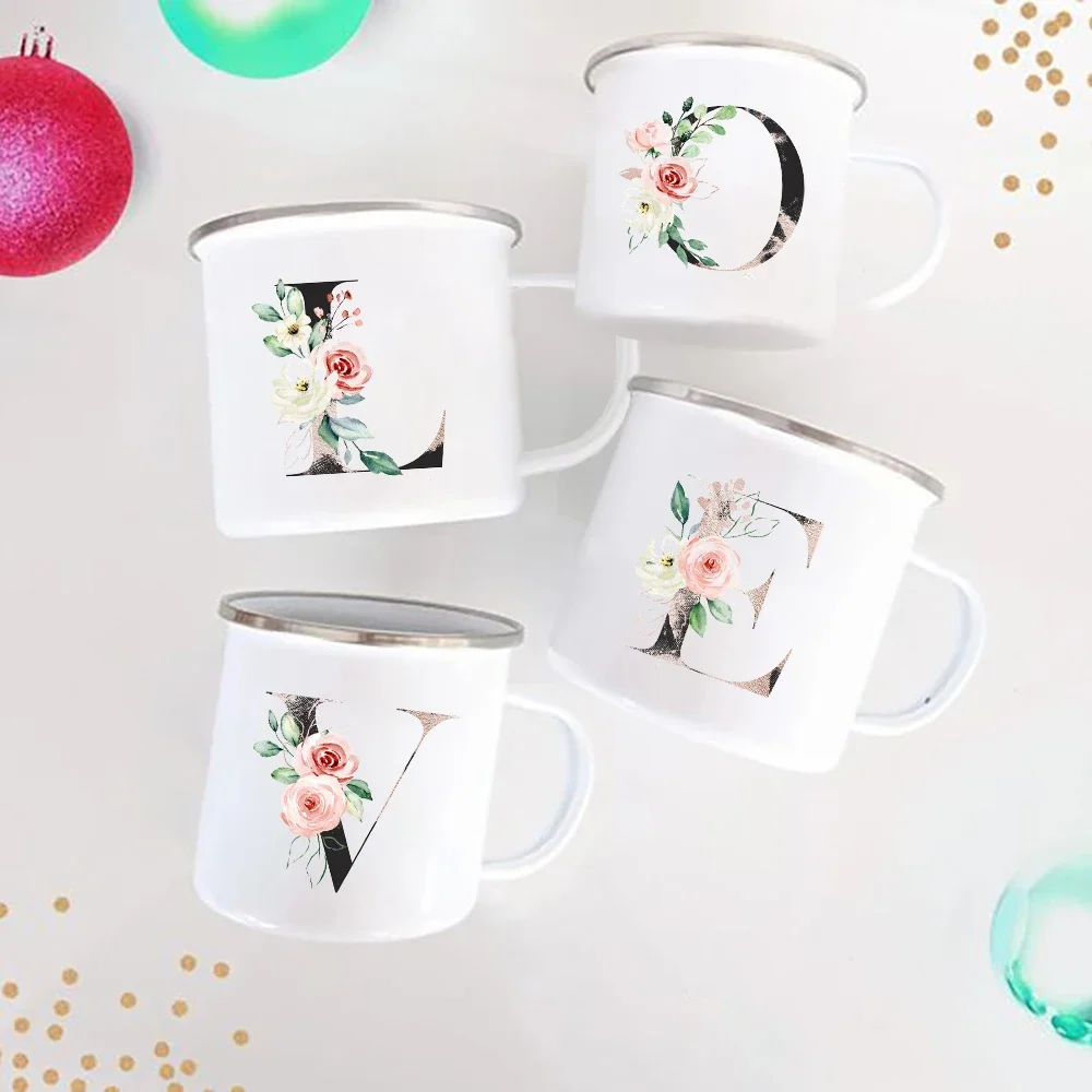 

Initials Alphabet Flowers Enamel Mugs Home Party Wine Beer Drink Juice Coffee Cups Outdoor Travel Camping Water Mug Hiking Gifts