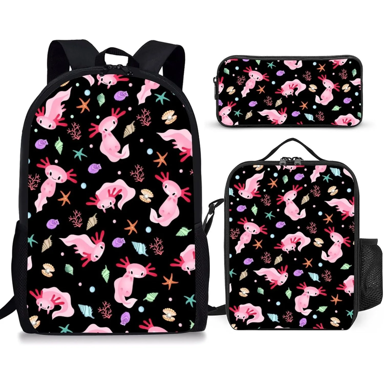 

3PCS Axolotl Backpack School Backpack with Lunch Box Pencil Case for Elementary Middle High Students 17Inch Lightweight Bookpack