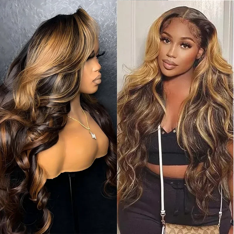 Brazilian Body Wave Human Hair Wig for Women 34 Inch P4/27 Color 13x4 HD Transparent Lace Frontal with Colored Highlights