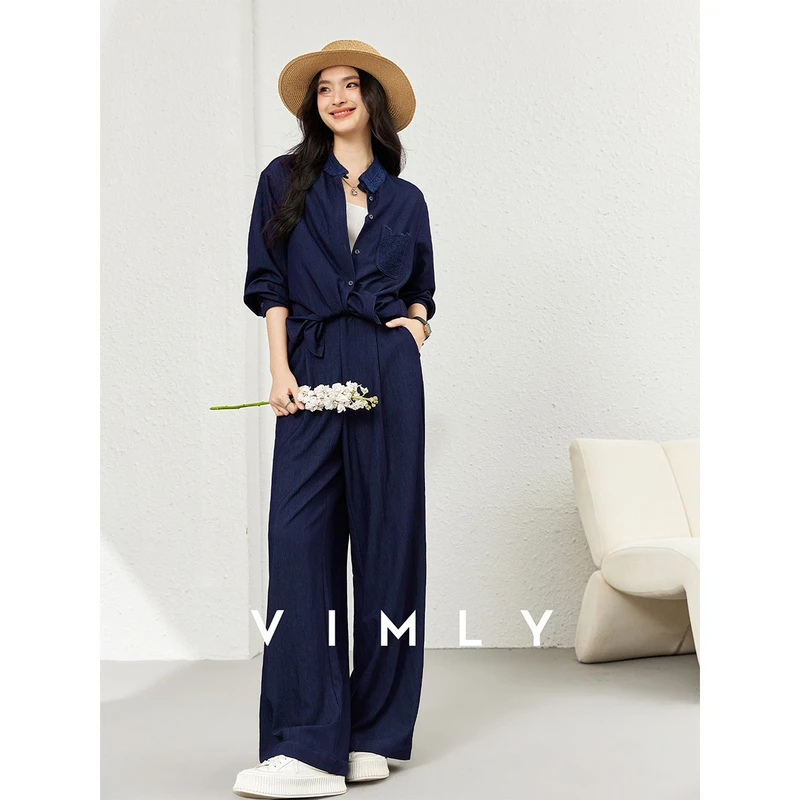 

VIMLY Navy Blue Denim Suit Women's 2025 Autumn Outfits Vintage Lace Polo Collar Shirt Wide Legs Pants Ladies 2 Piece Sets A2526