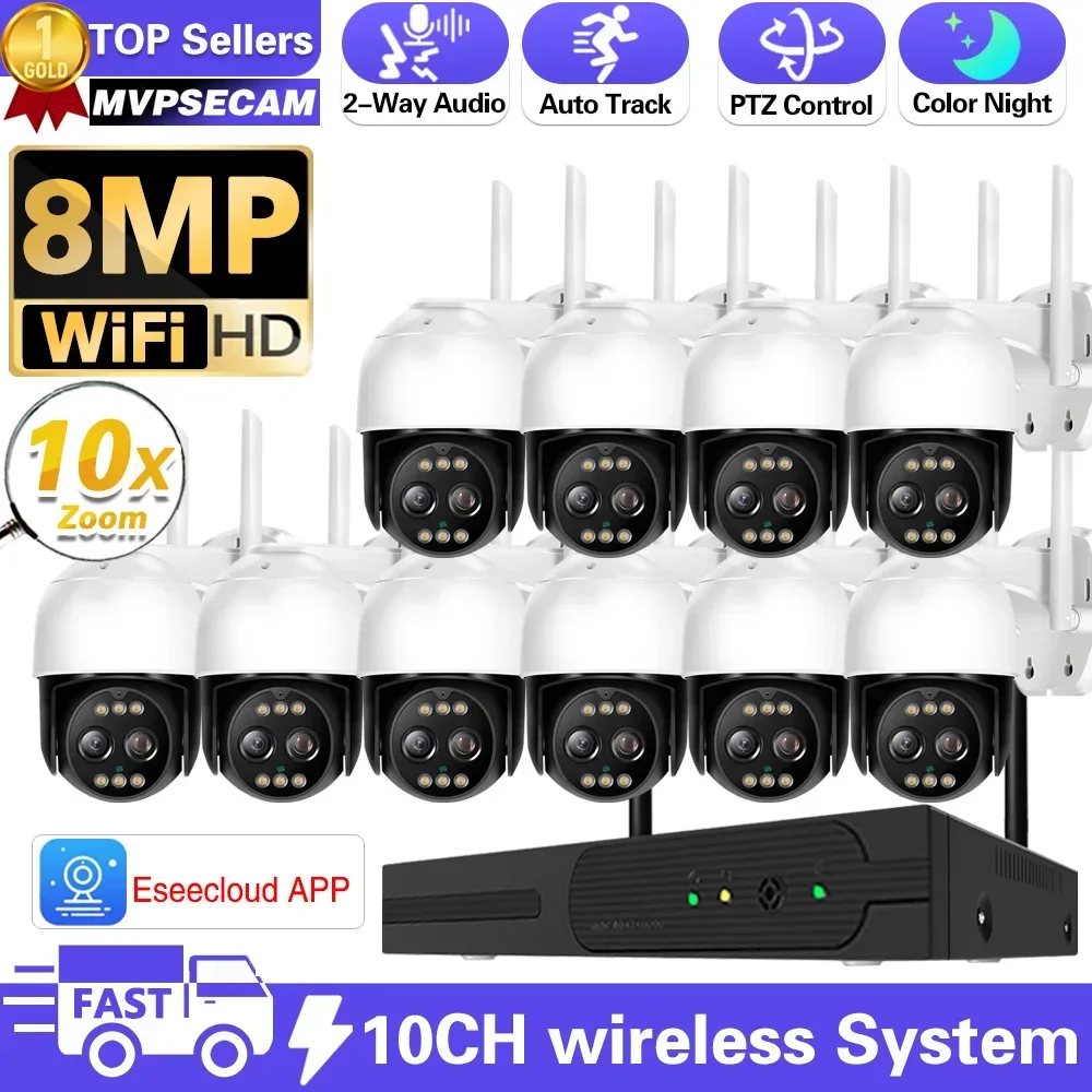 8MP Outdoor WiFi CCTV Camera 10X Zoom Security System Kit 10CH NVR Recorder Set P2P Wireless IP Camera Video Surveillance System