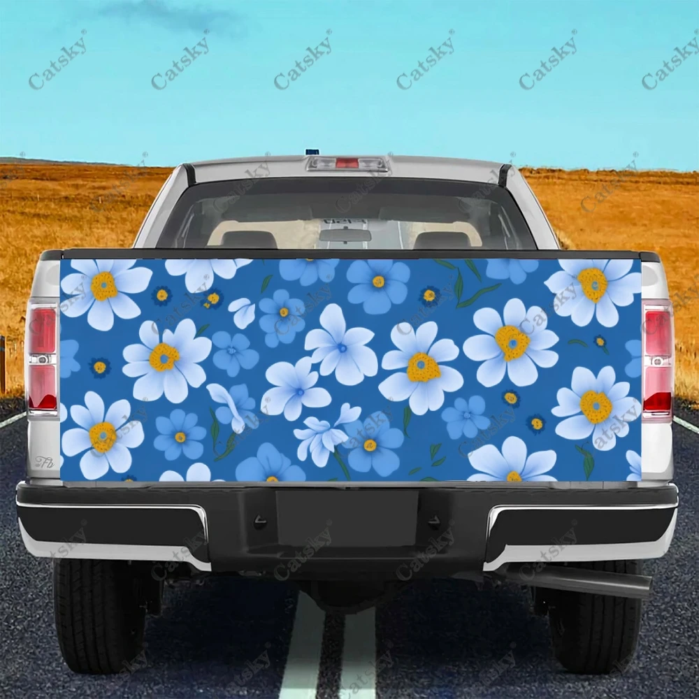 Blue With White Daisy Truck Tailgate Wrap Professional Grade Material Universal Fit for Full Size Trucks Weatherproof