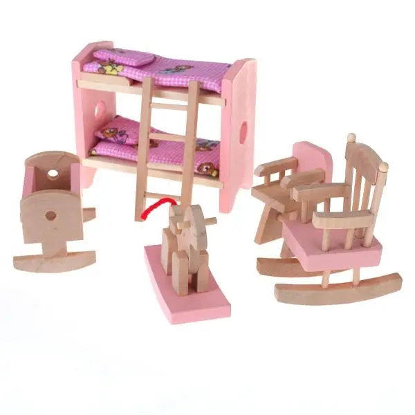 Wooden Dollhouse Furniture Set Bunk Bed High Chair Rocking Horse Cradle 1 12 Miniatures for Children Room Play view 3