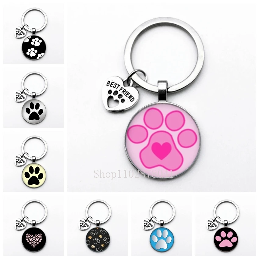 Fashion Jewelry Glass Pendant Alloy Keychain Cute Pets Dog Paw Print Charming Classic Gift