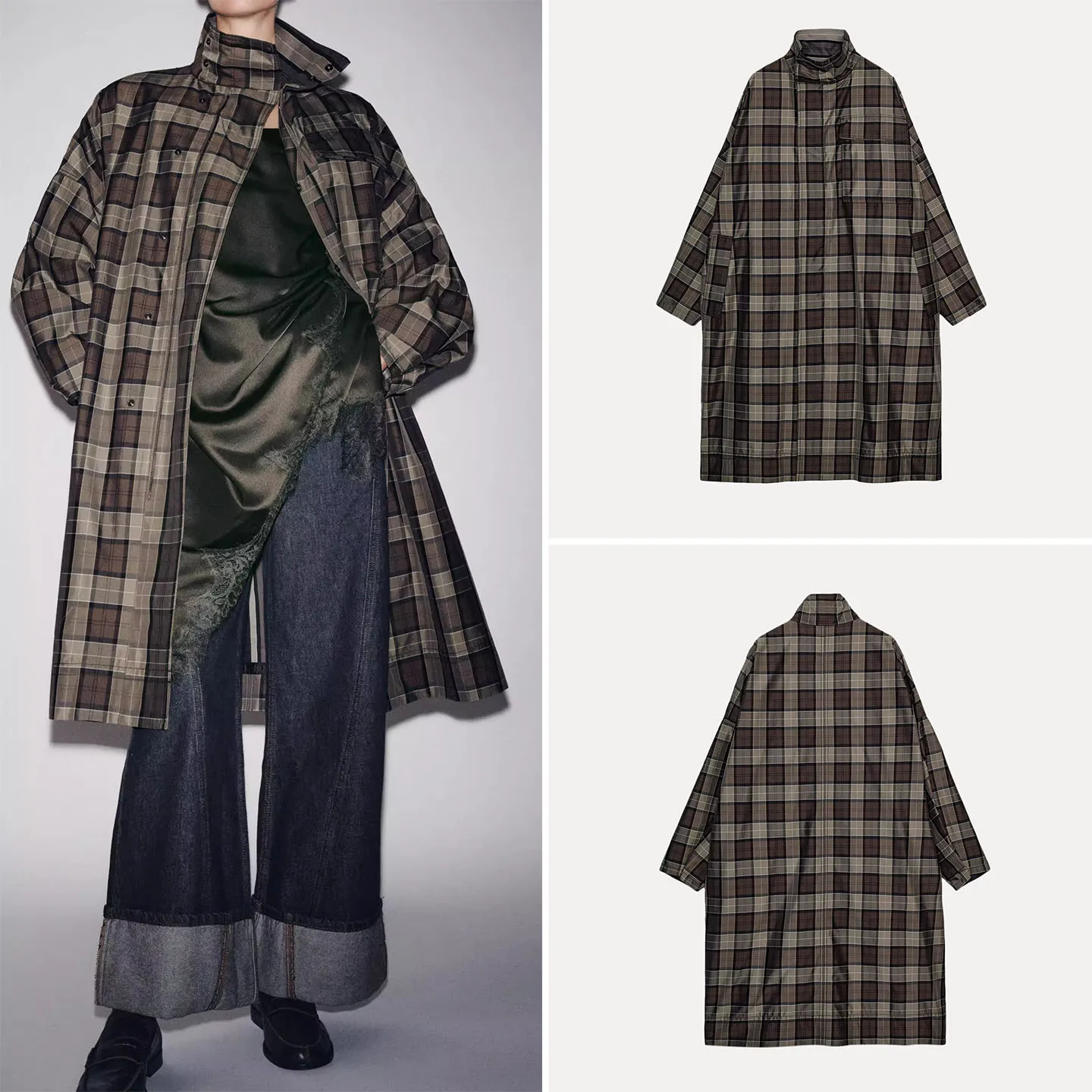 

Z 2025 Autumn High Collar Long Sve Plaid Coat Loose Faionable Women's Busin Casual Outerwear Commute Sle