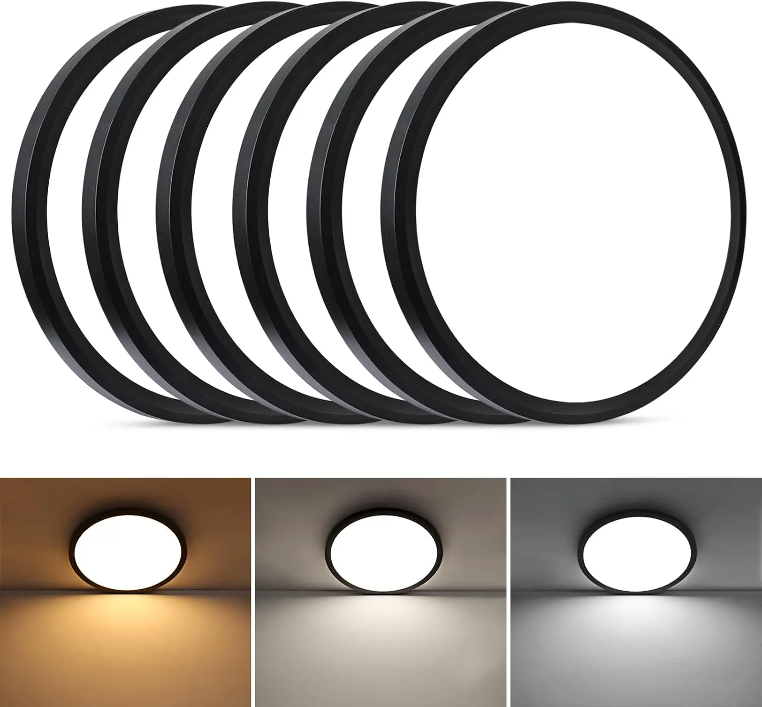 Unicozin 6 Pack Flush Mount Plafondlamp, 12 Inch 3 Cct Selecteerbaar 3000K/4000K/6000K, 24W 2200lm Zwart Omhulsel Rond Plat Paneel