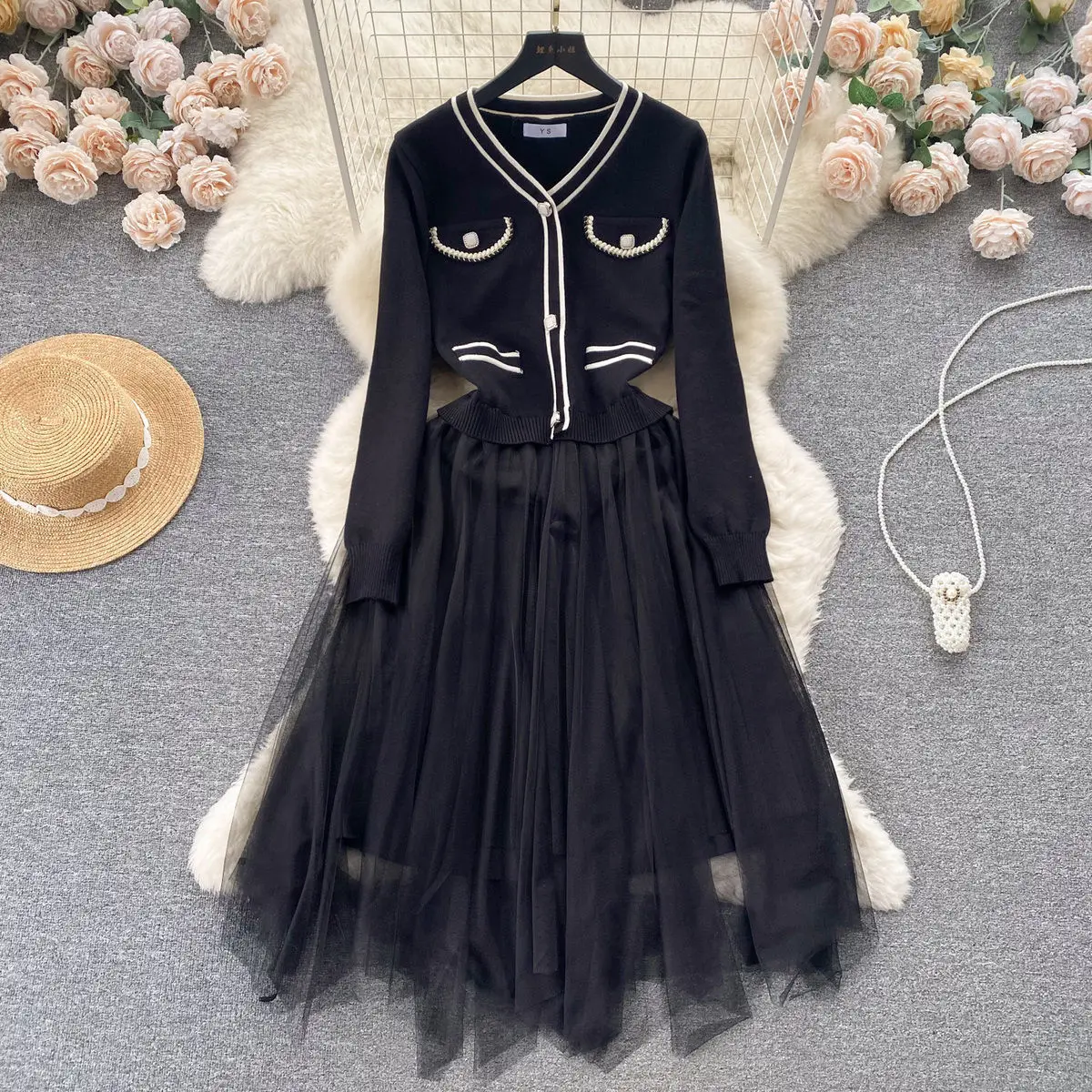 New Women'S French Retro Knitted Splicing Mesh Gauze Waist Fluffy One-Piece Skirt Fake Two Piece Dress Wedding Irregular Dresses