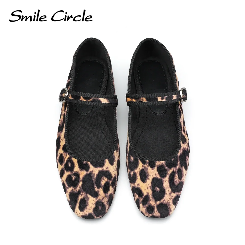 Smile Circle Velvet Mary Jane Ballerinas Damenschuhe Leopardenmuster Bequeme weiche flache Schuhe mit runder Zehenpartie für Damen