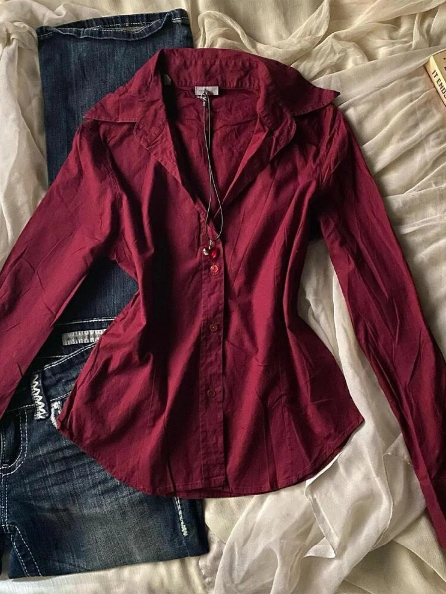 

Красный длинный све irt женский оригинальный американский ретро Sle Slim Fit хлопок irt ранний весенний топ с затягивающимся талией