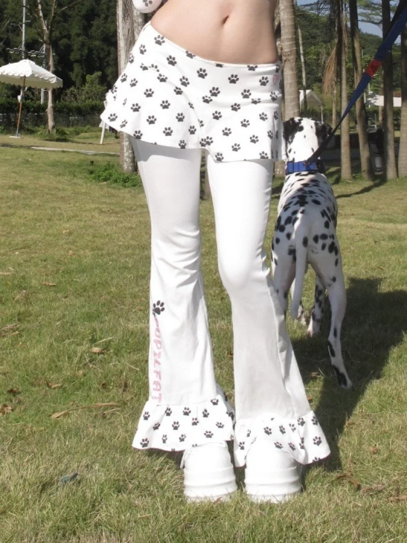 Sub-culture fashion spice girl, puppy pattern, Millennium Y2K girl style, fake two-piece design, street casual slim trousers.