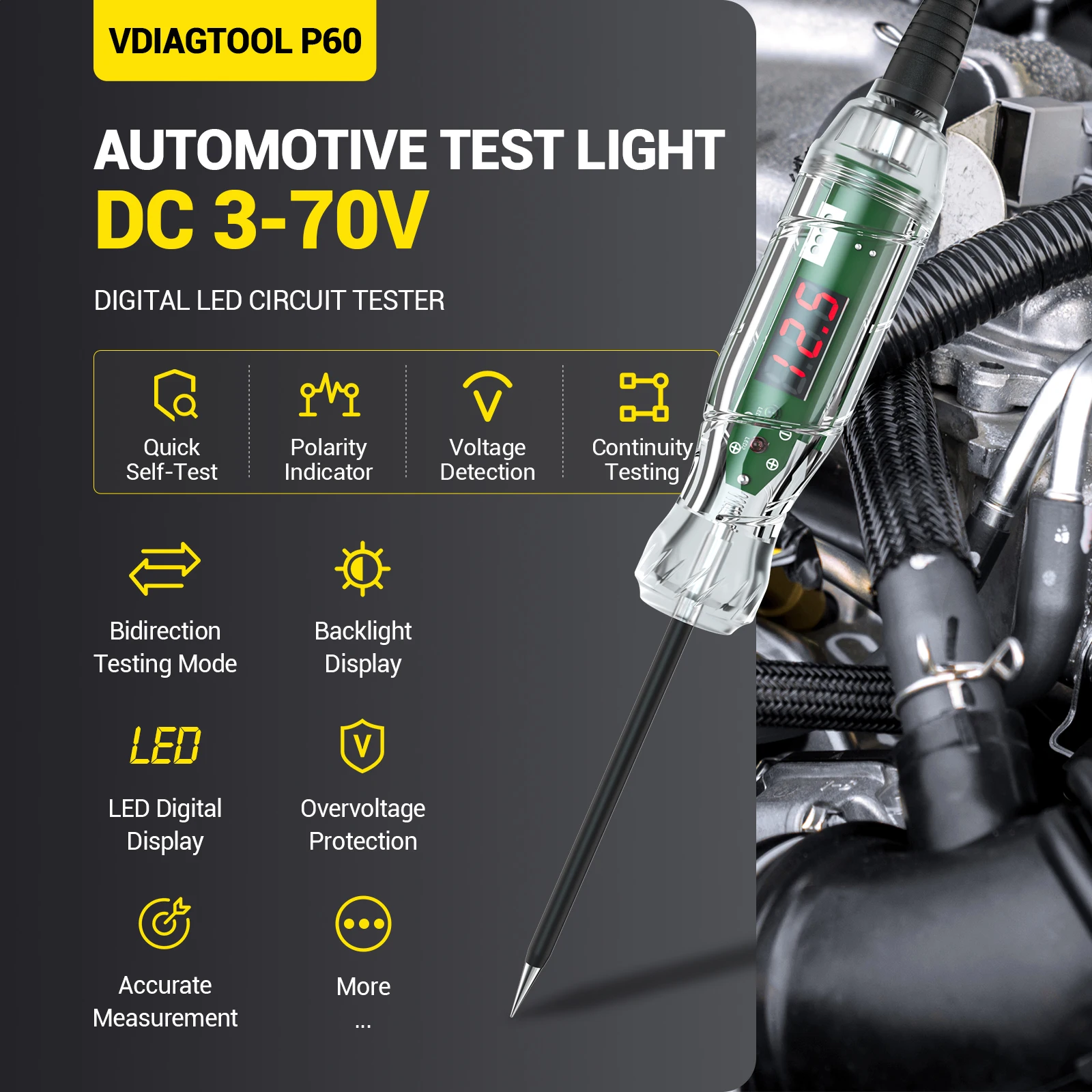 

Новый тестер автомобильных цепей VDIAGTOOL P60 3-70В с LED-дисплеем напряжения, определением питания/полярности/короткого замыкания/предохранителя, 2 года бесплатной замены