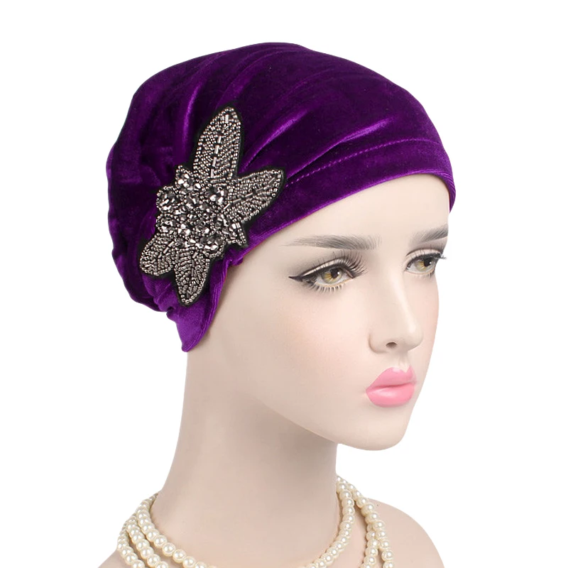 New Women\'s Elegant Velvet turban beanie with beaded flower Hat Bonnet Cancer Chemo CapMuslim Under Hijab Cap Ladies Bandanas