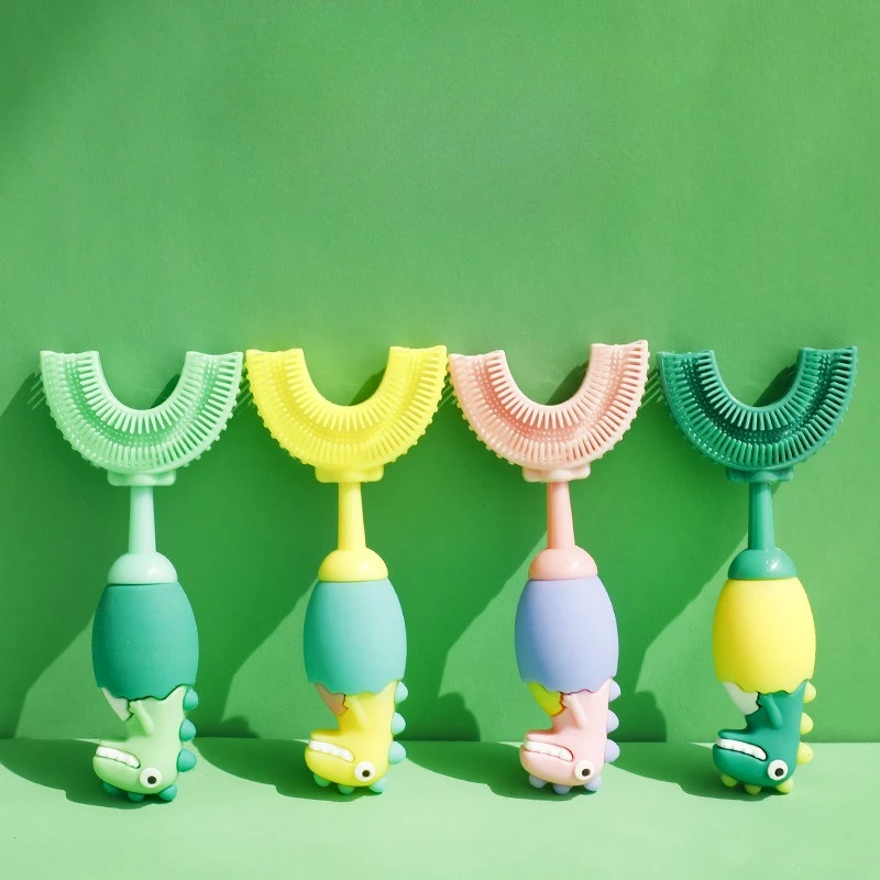 فرشاة أسنان للأطفال بزاوية 360 درجة على شكل حرف U فرشاة أسنان للأولاد والبنات من السيليكون أداة تنظيف للعناية بالفم لحديثي الولادة