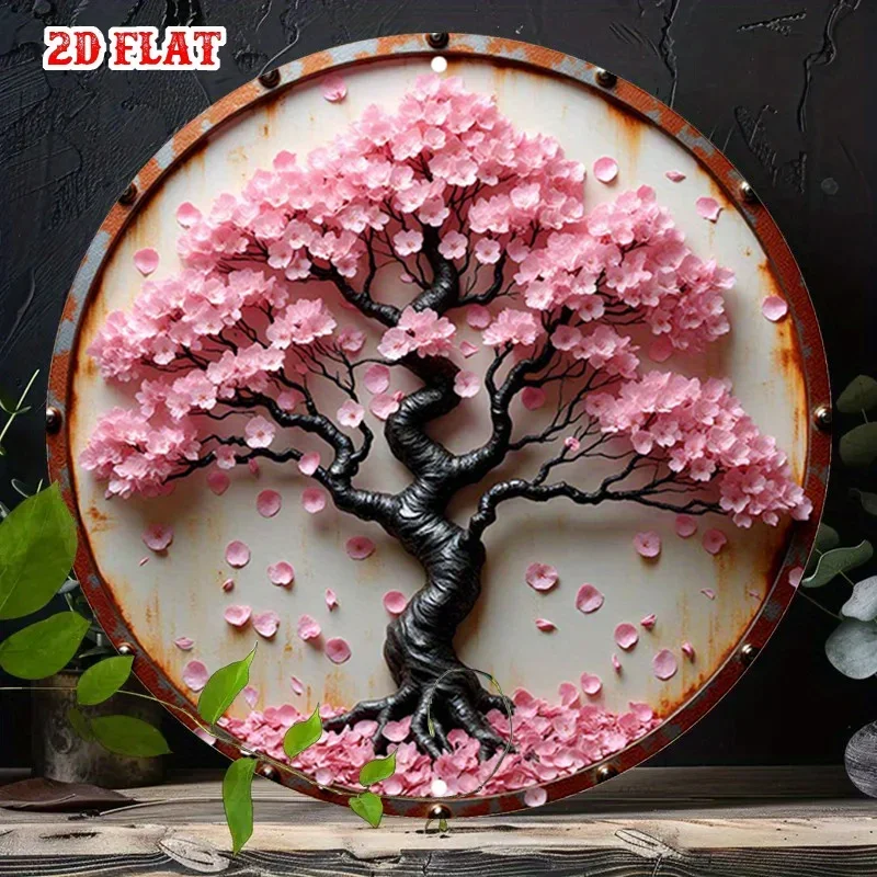 Vintage Cherry Blossom Aluminum Metal Wall Art Rustic Floral Flat Heavy Duty Round Decor Sign For Home Cafe Indoor Outdoor Ornam