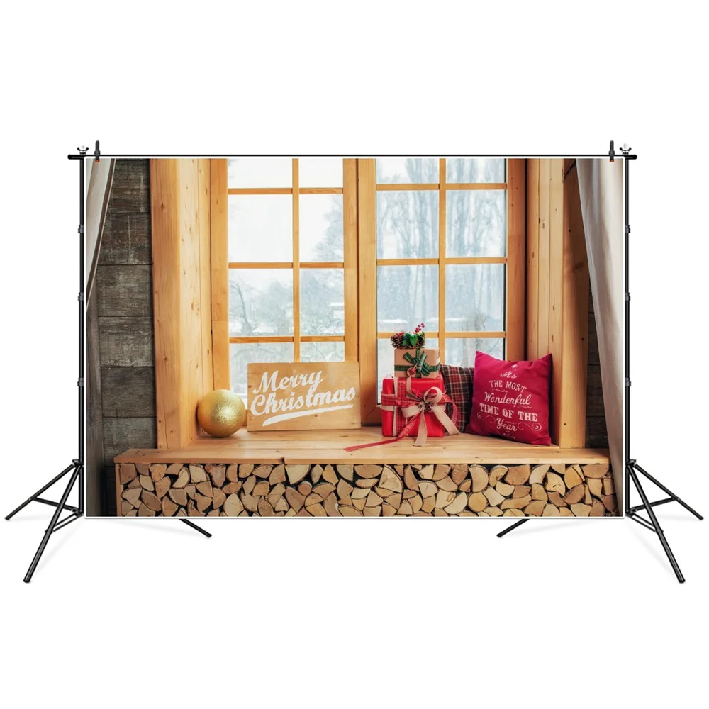 Christmas Wooden Bay Window Interior Photography Backgrounds Custom Gift Pillow Ball Scene Baby Party Decoration Photo Backdrops