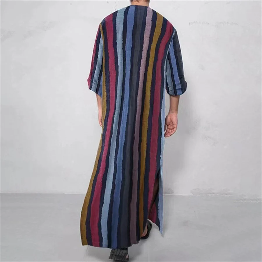 Muslim Men Clothing Nightgown Striped Ethnic Arabic Dubai Jubba Thobe Retro Cotton Islamic Abaya Caftan Man Oversized 5XL