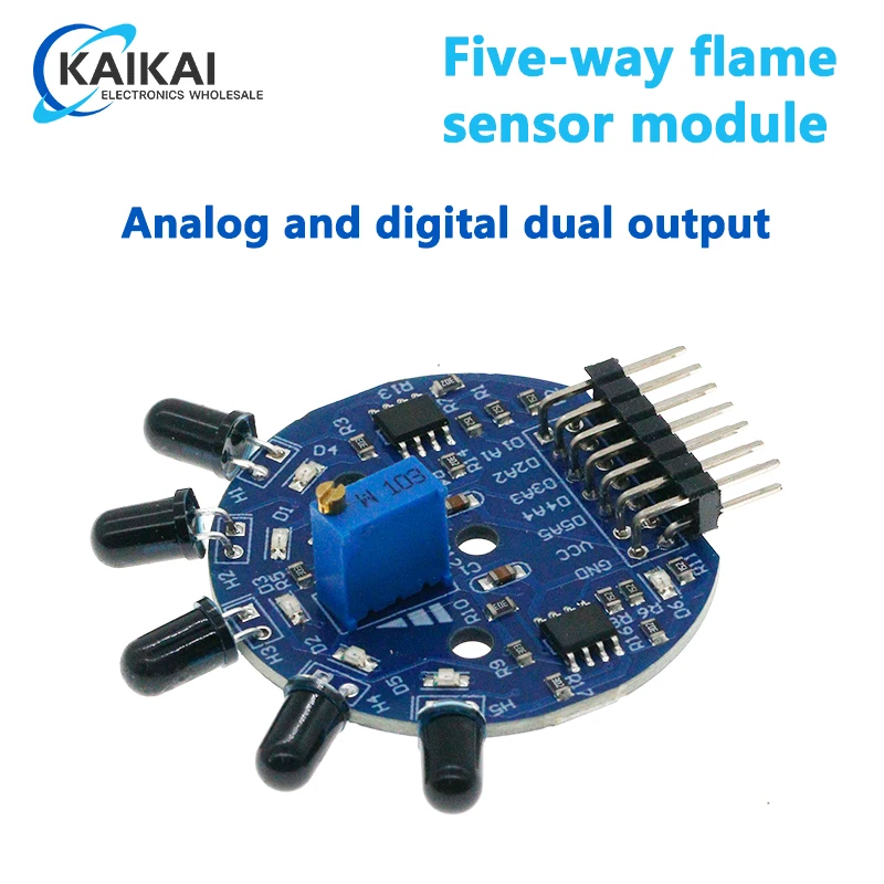 Five-way flame sensor module simulates digital dual output fire extinguishing robot