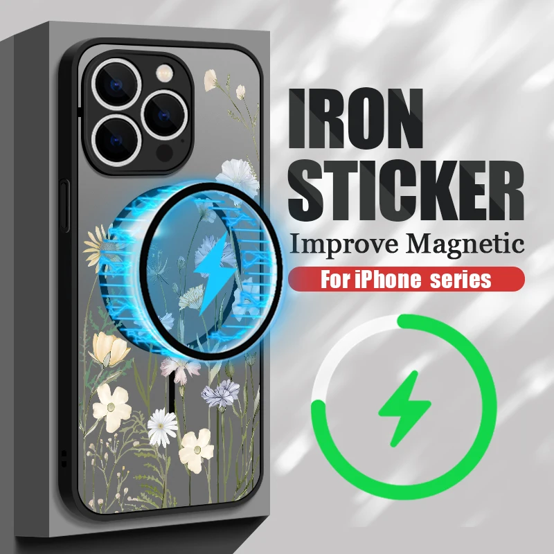 حافظة مغناطيسية صلبة غير لامعة لهاتف آيفون 16e 16 15 Pro Max 14 13 Pro لهاتف Magsafe شحن لاسلكي غطاء هاتف مطبوع عليه زهور صغيرة