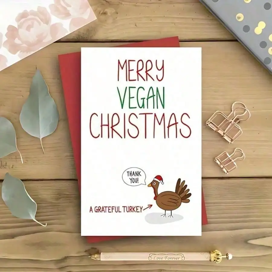 1 tarjeta navideña vegana con diseño de pavo divertido y gorro de Papá Noel, diseño festivo en rojo y verde, perfecta para familiares y amigos