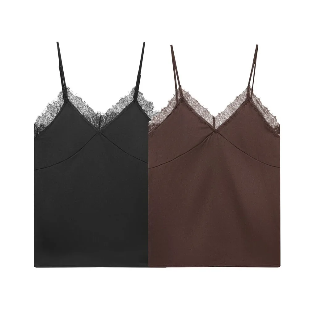 

Winter new women's sexy V-neck tank top with lace embellishments and patchwork satin texture top