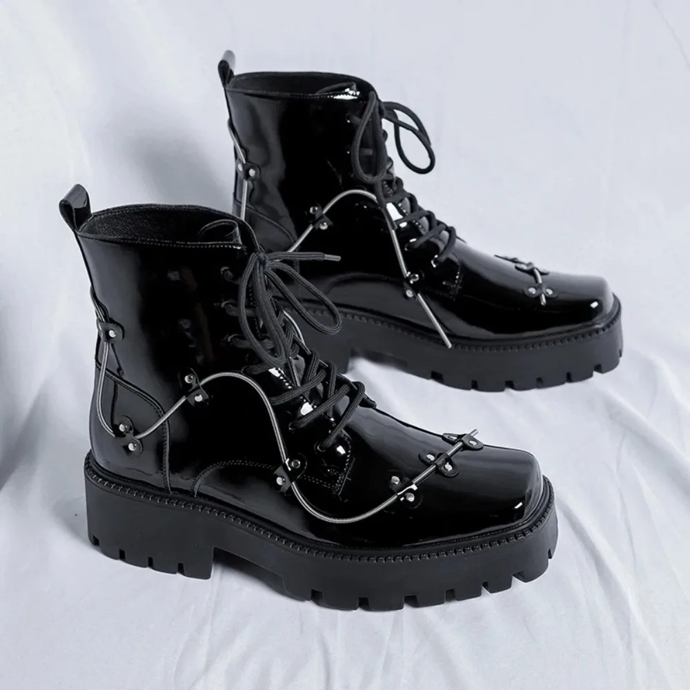 

men's luxury fashion patent leather boots brand designer square toe shoes party nightclub dress cowboy platform ankle botas male