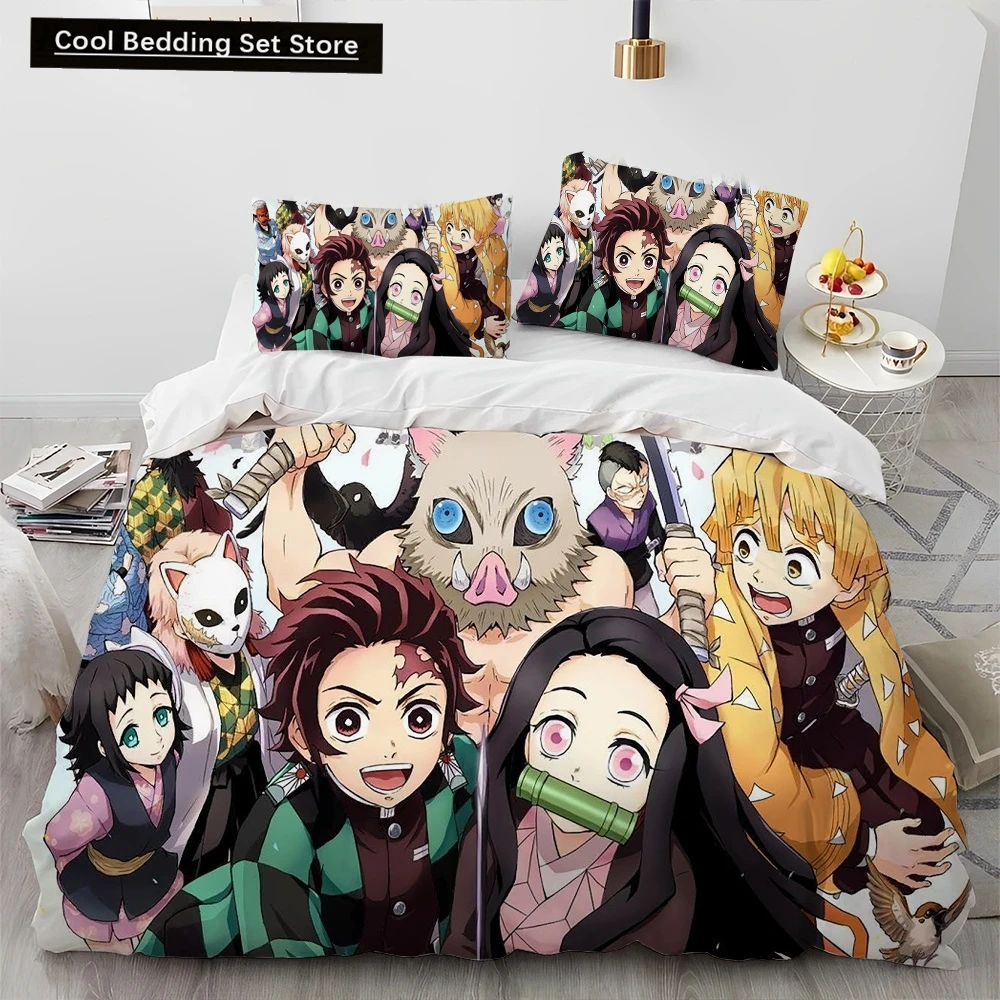 Demon Slayer Bedding Set Kamado Nezuko Duvet Cover Set Bedspread Pillowcase King Queen Full Single Size Bed Linen Kids Teen Gift