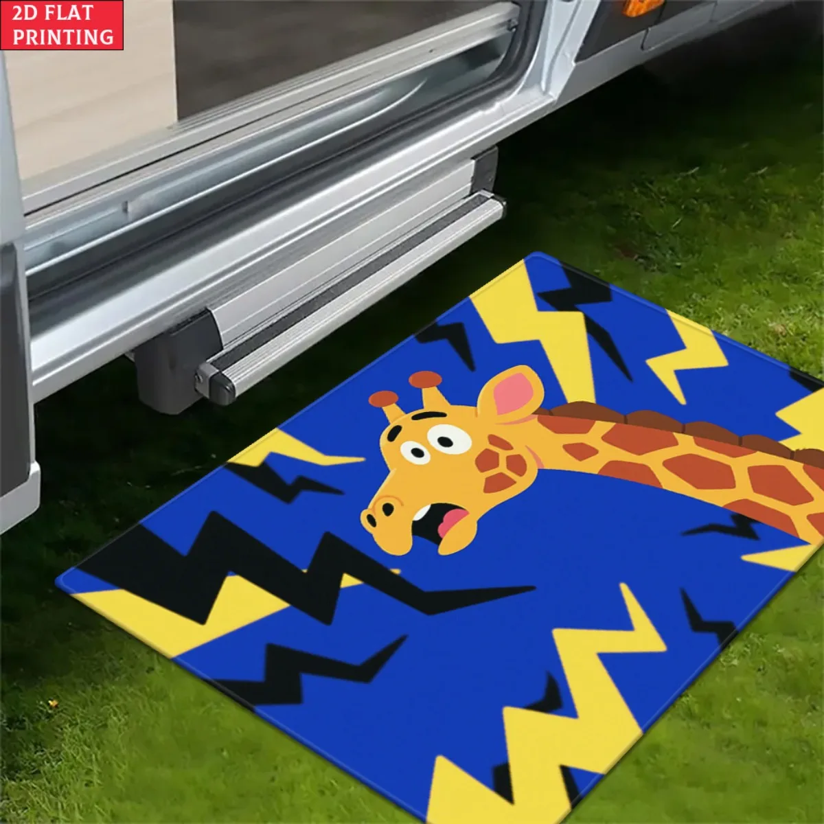 Cartoon Giraffe Lightning Doormat Blue Background Printed Polyester Machine Washable Entrance Floor Mat for Kids Room Bathroom