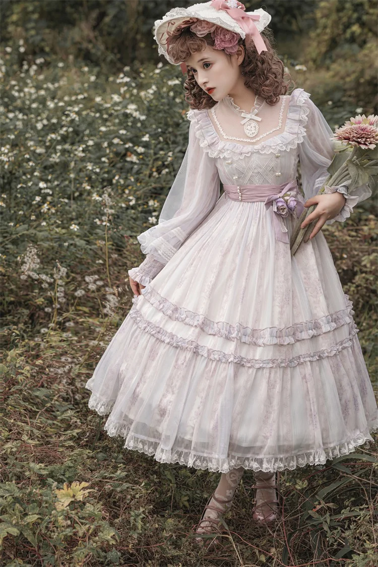 Lolita Dress Long Sleeve Illusion Sheer Insert Elegant One Piece Dress