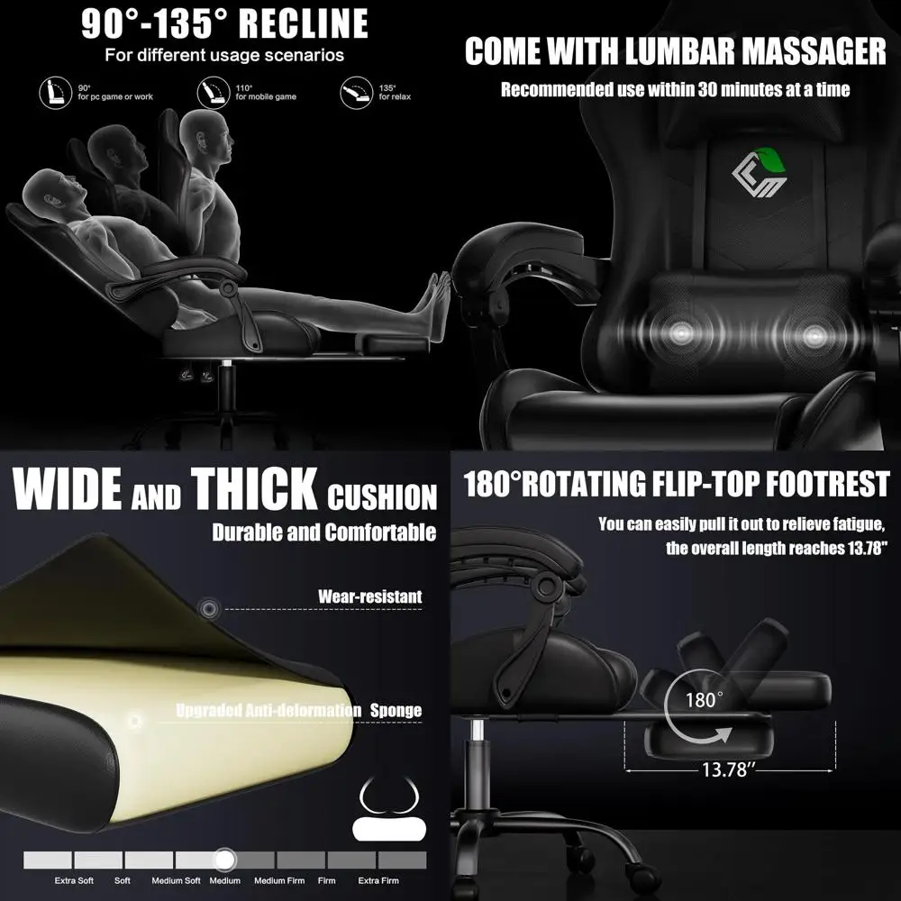 

Эргономичное игровое кресло с подставкой для ног, поясничной опорой и массажером - высокая спинка, регулируемое положение наклона и высоты, черное
