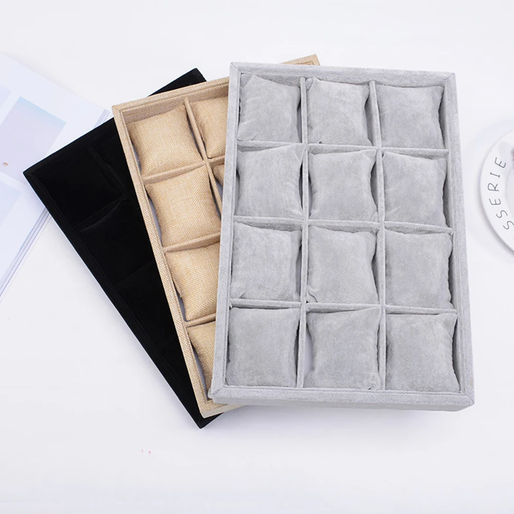 

Delicate Multi-lattice Watch Case Pillow Design Storage Tray Flannelette Watch Storage Box (Linen Color)