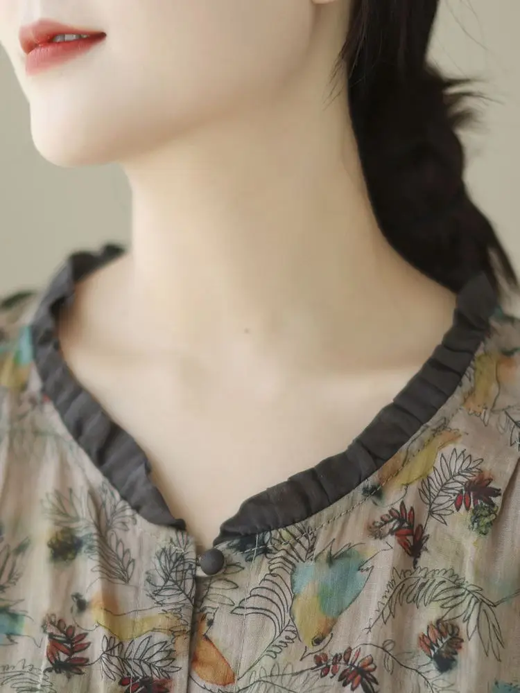 Loose Fit Cotton Linen Seven Sve irt Women's Vintage Print V Ne Slimming Casual Faion Commute Sle Summer irt