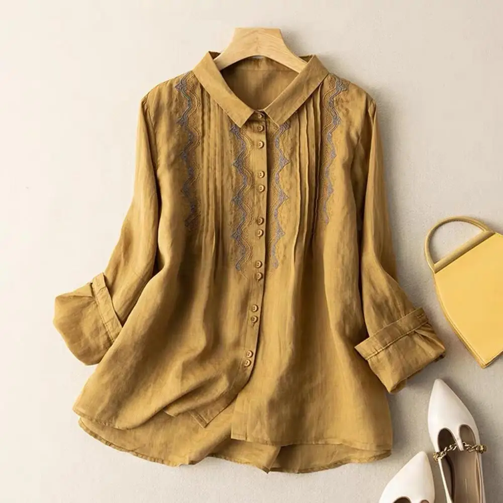 Women Fall Shirt Cotton Linen Shirt for Women Embroidery Loose Vintage Casual OL Buttons Lady Top shirts and blouses