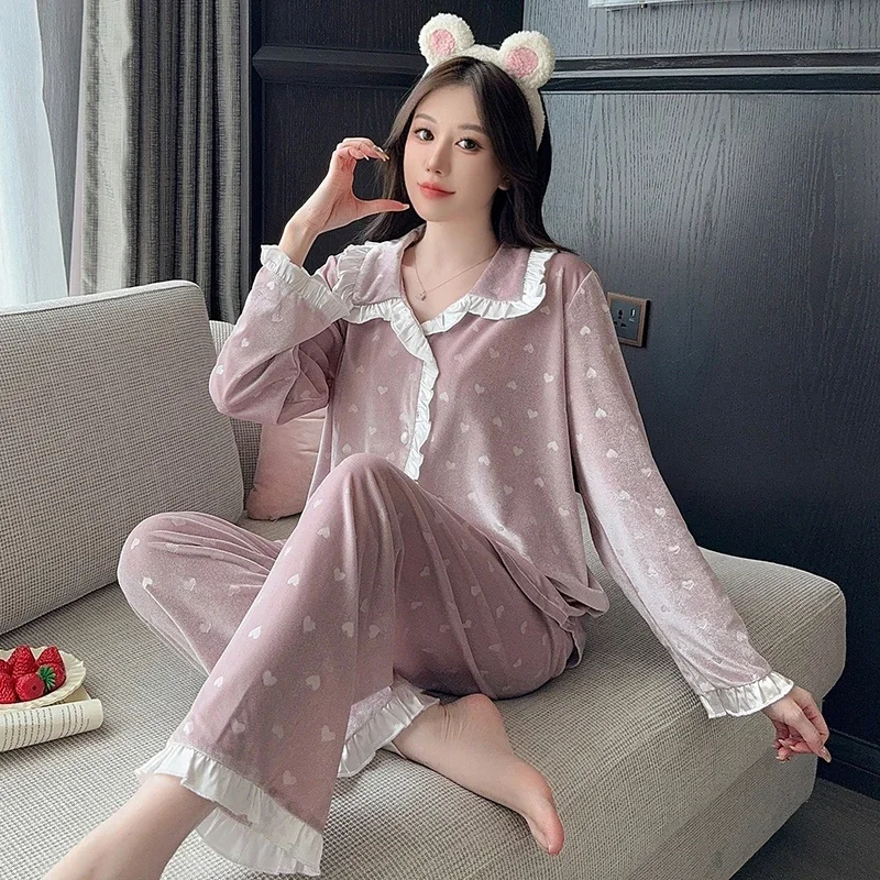

2025 Autumn Long Sleeve Gold Velvet Print Pajama Sets for Women Korean Loose Sleepwear Pyjama Pijama Mujer Homewear Home Clothes