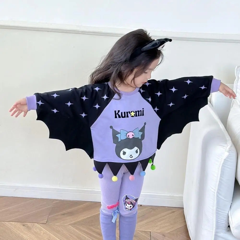 Sweat-shirt à manches longues dessin animé Kawaii Sanrioed Kuromi pour enfants, aile de fille, leggings mignons, vêtements de printemps et d'automne, mode pour filles