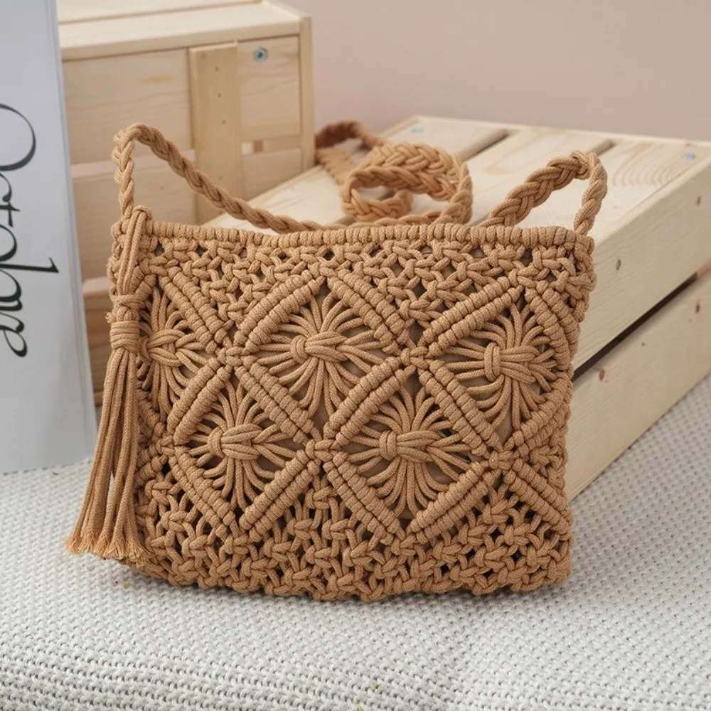 New Retro Style Messenger Bag with Tassel Rectangular Shoulder Bags Hollow Out Crossbody Bag Travel Use