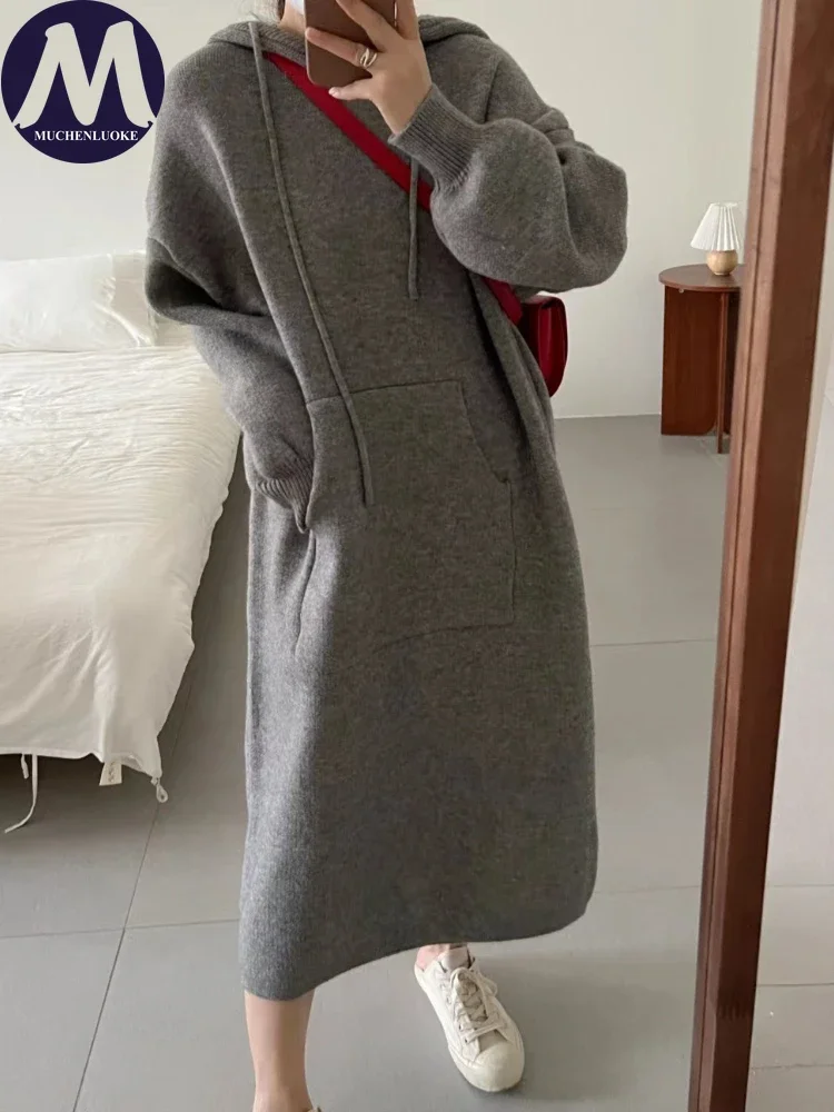 Womens Dresses Autumn/Winter New Lazy Style Knit Hooded Sweaters Dress Fashion Casual Loose Women Mid Length Pullover Dresses