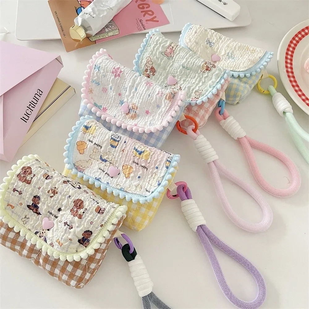Polyester Cartoon Printed Coin Purse Zipper Hand Strap Card Holder Portable Plaid Pattern CCD Camera Storage Pouch Daily Use