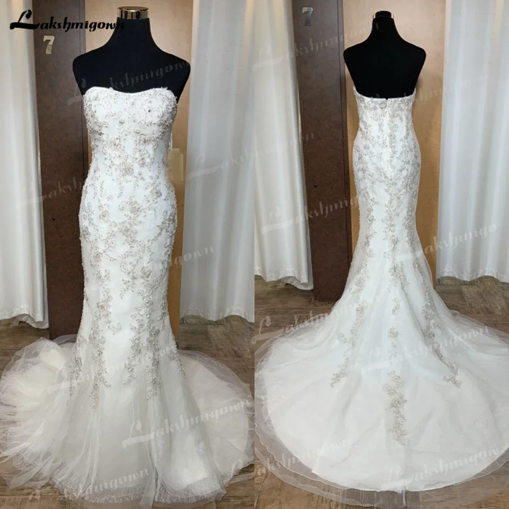 Gorgeous Wedding Dress Mermaid Gown Beautiful Silver Crystal Beaded Lace Strapless Floor Length Custom Made vestidos de noche