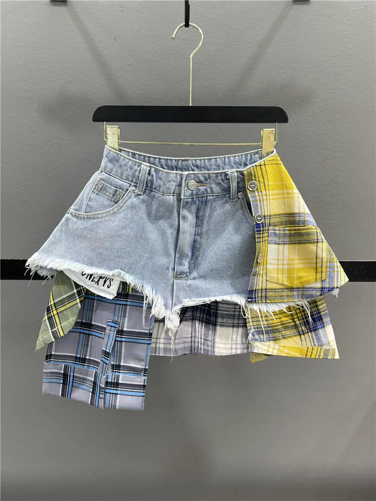 

Zhang Ying Zhao Zhaoyi Women's Skirt Denim Asymmetrical Splicing Trendy Short Jeans Skirt Street Style A-Line Cotton Blend