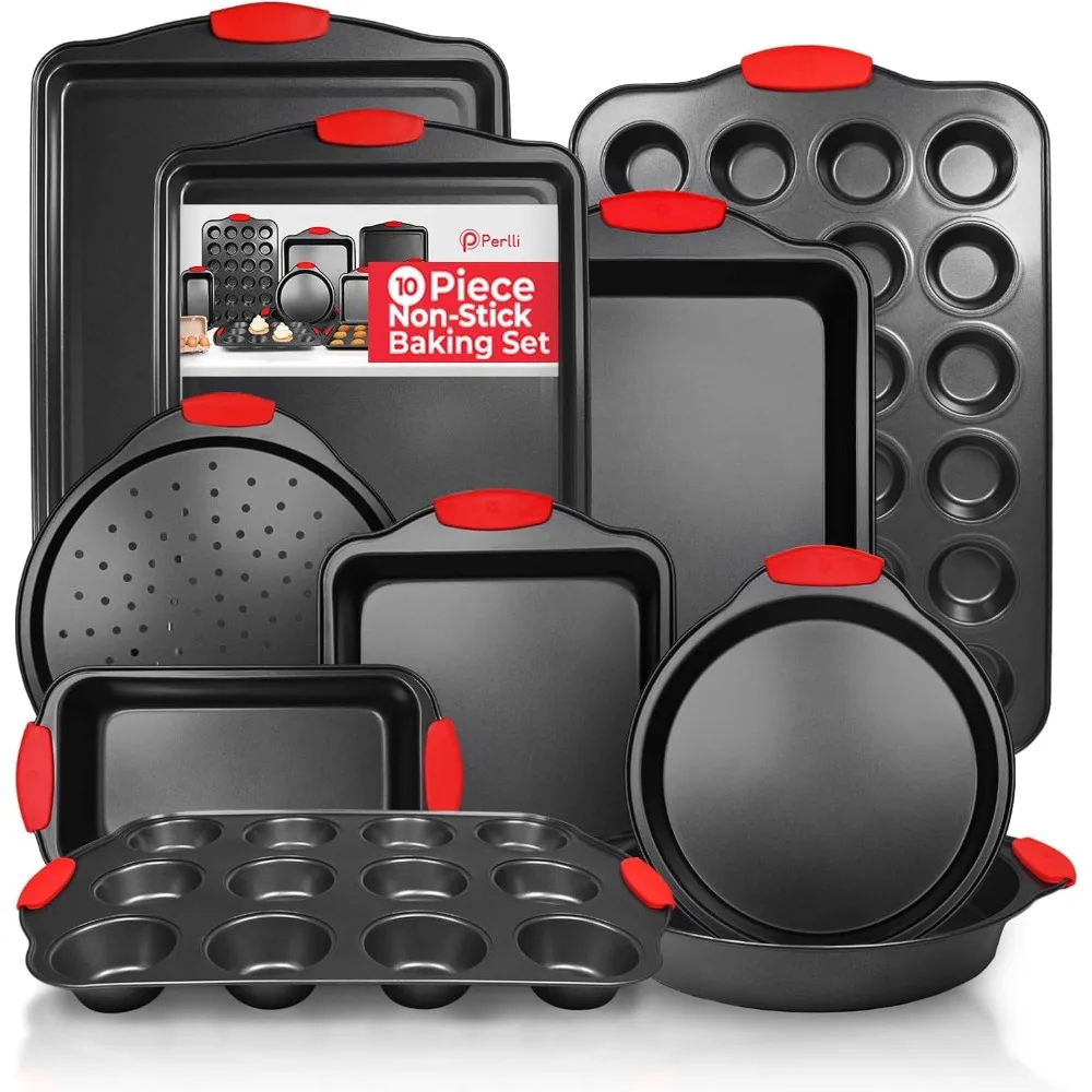 

PERLLI Non-Stick 10-Piece Baking Pan Set, BPA-Free Carbon Steel Bakeware Set with Silicone Handles, Stackable Kitchen Oven Set,