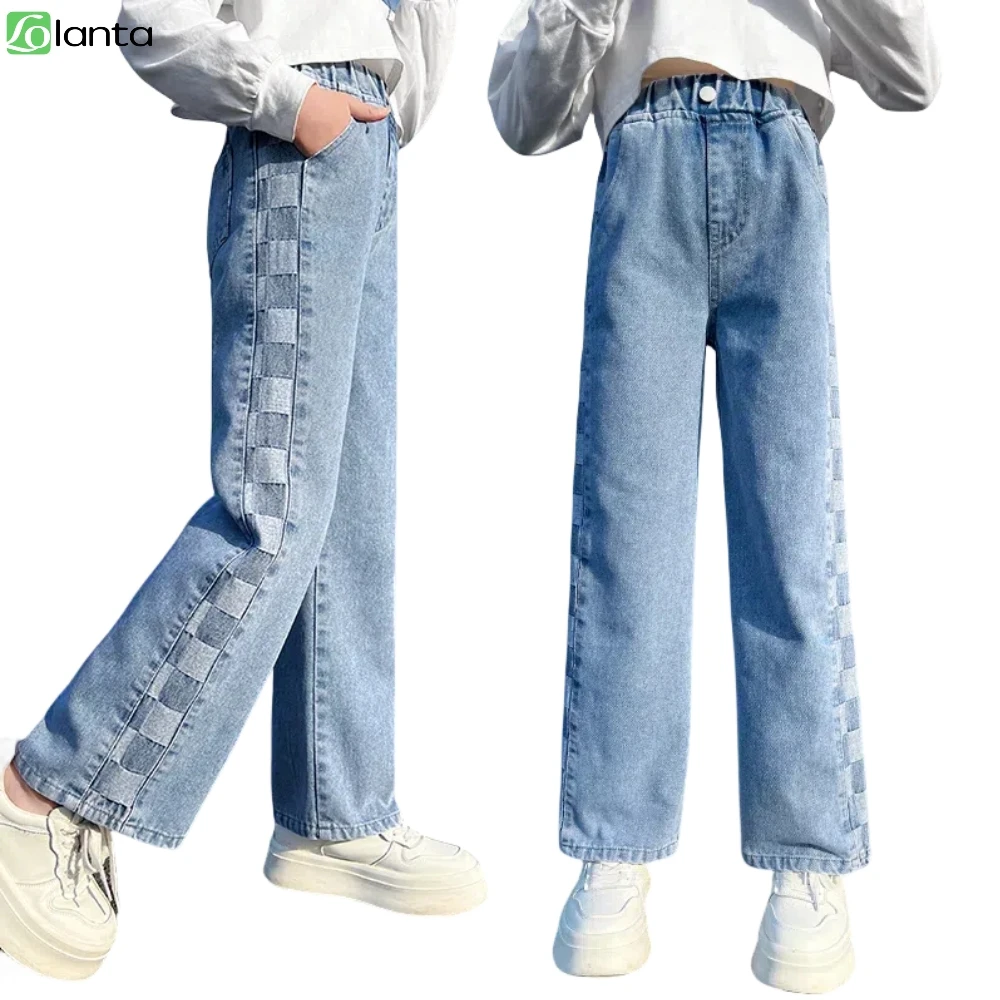 

LOlanta Baggy Jeans Pants for Kids Girls Straight Trousers Wide Leg Pants Checkerboard Plaid Bottom Casual Wear 6-14 Years