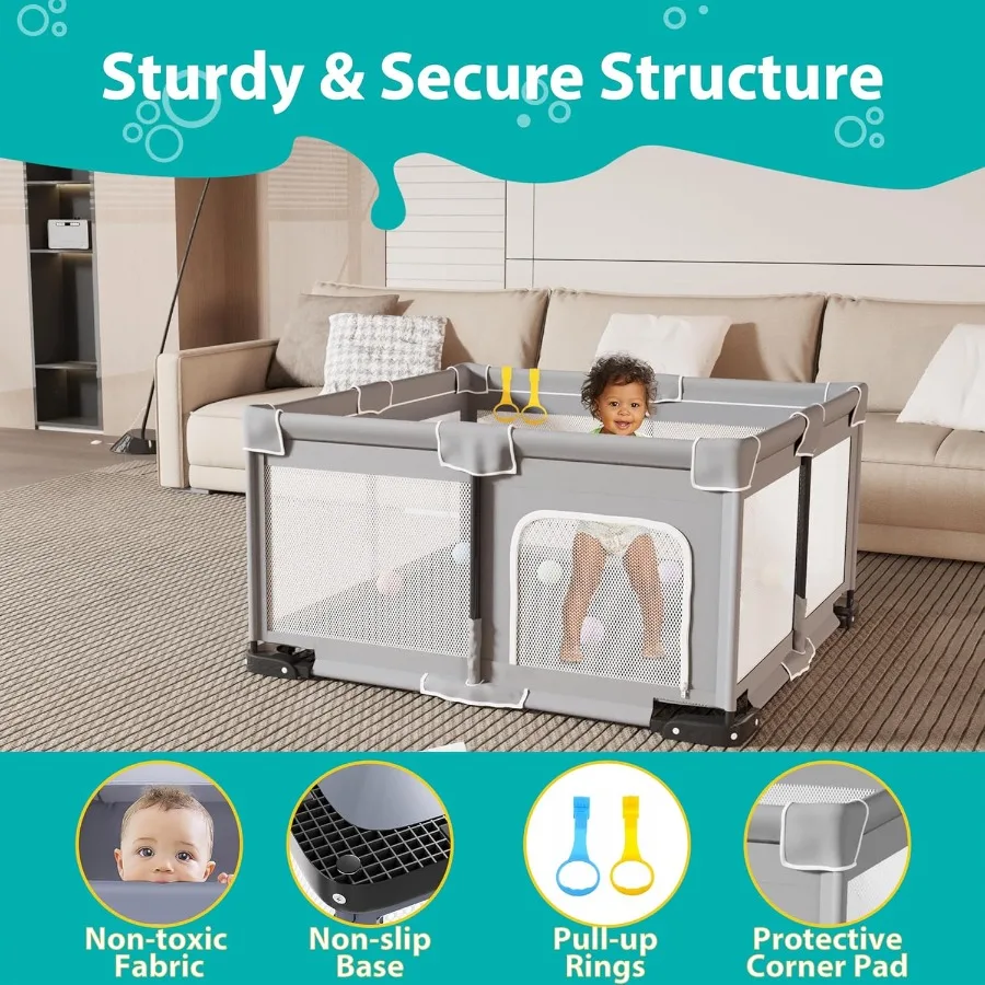 روضة أطفال قابلة للطي للأطفال الصغار مقاس 50 × 50 بوصة قلم لعب محمول قابل للطي مع مقودين داخليًا وخارجيًا