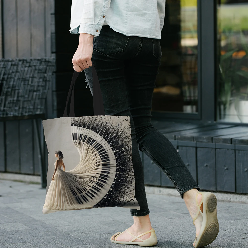 

4pcs Piano Girl Linen Tote Bag Handbag Large Capacity Women Shoulder Bags