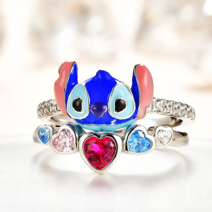 Disney Cartoon Lilo & Stitch Ring Anime Figure Stitch Angel Scrump Metal Alloy Couple Finger Ring Zircon Ring Jewelry Gift