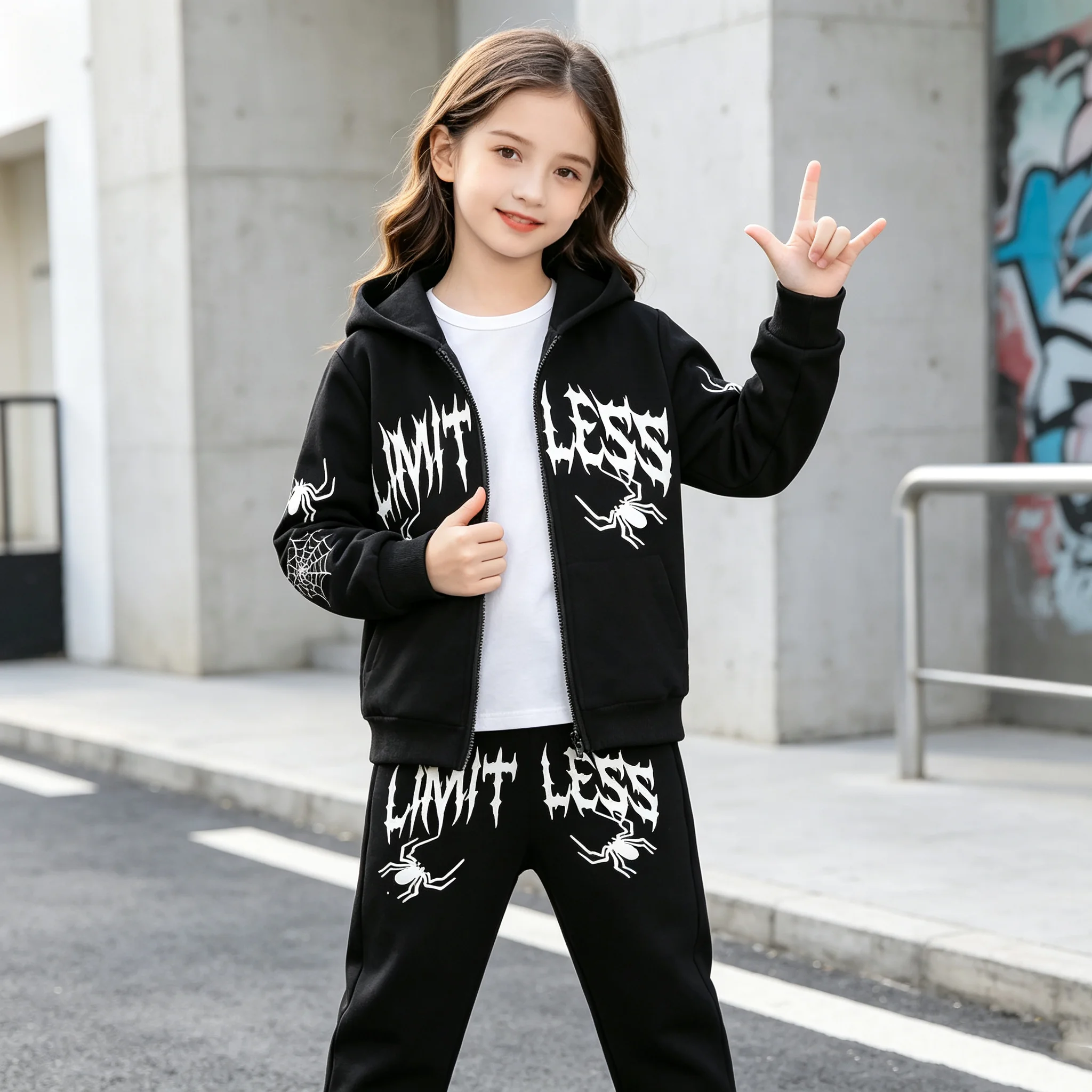 Children's Hooded Jacket And Elastic Waist Pants Set with Zipper Letter Spider Print Long Sleeved Autumn Winter Clothing